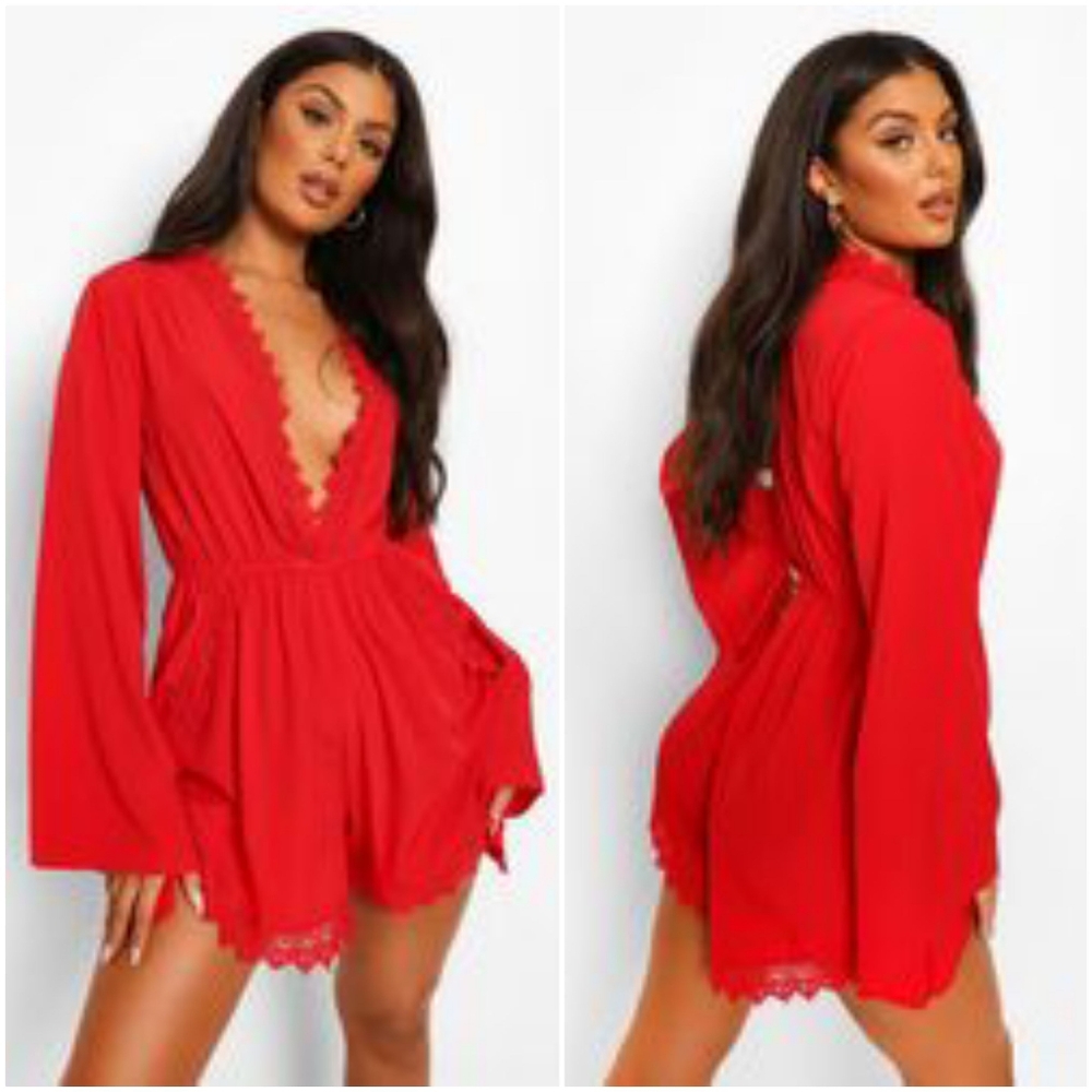 Boohoo Red Long Sleeve Plunge Crochet Edge Romper